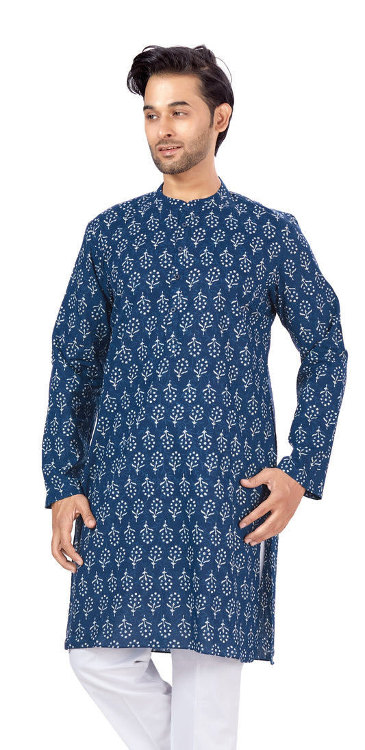 Men's Indigo Blue Cotton Relaxed Fit Block Printed Knee Length Kurta (Design 121)