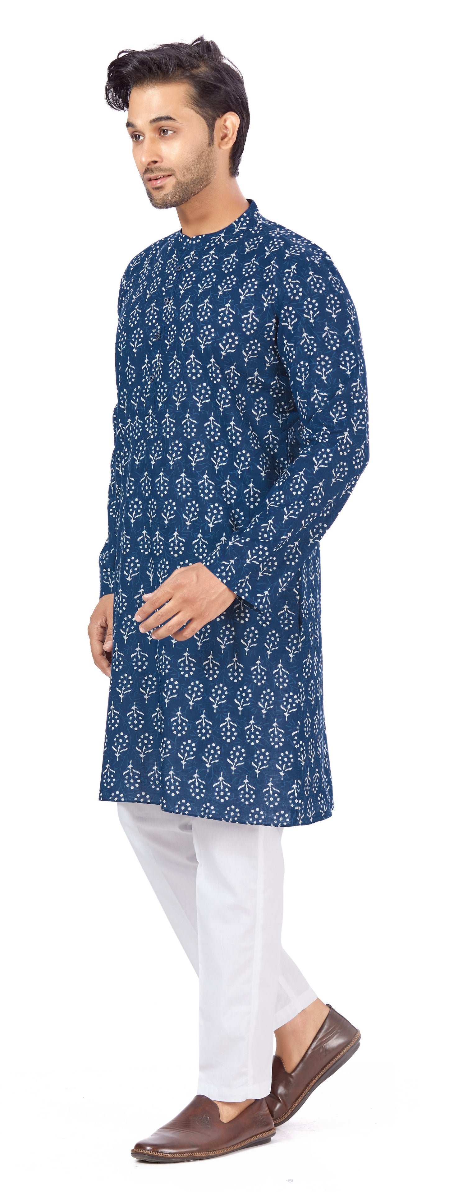 Men's Indigo Blue Cotton Relaxed Fit Block Printed Knee Length Kurta (Design 121)