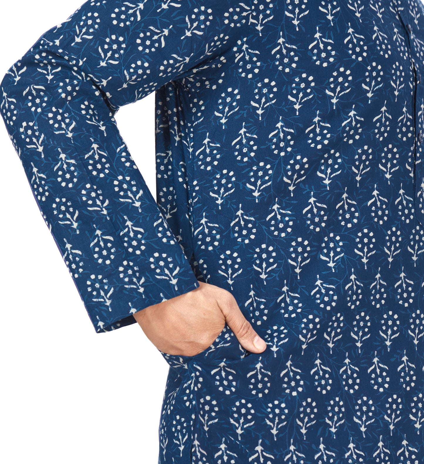 Men's Indigo Blue Cotton Relaxed Fit Block Printed Knee Length Kurta (Design 121)