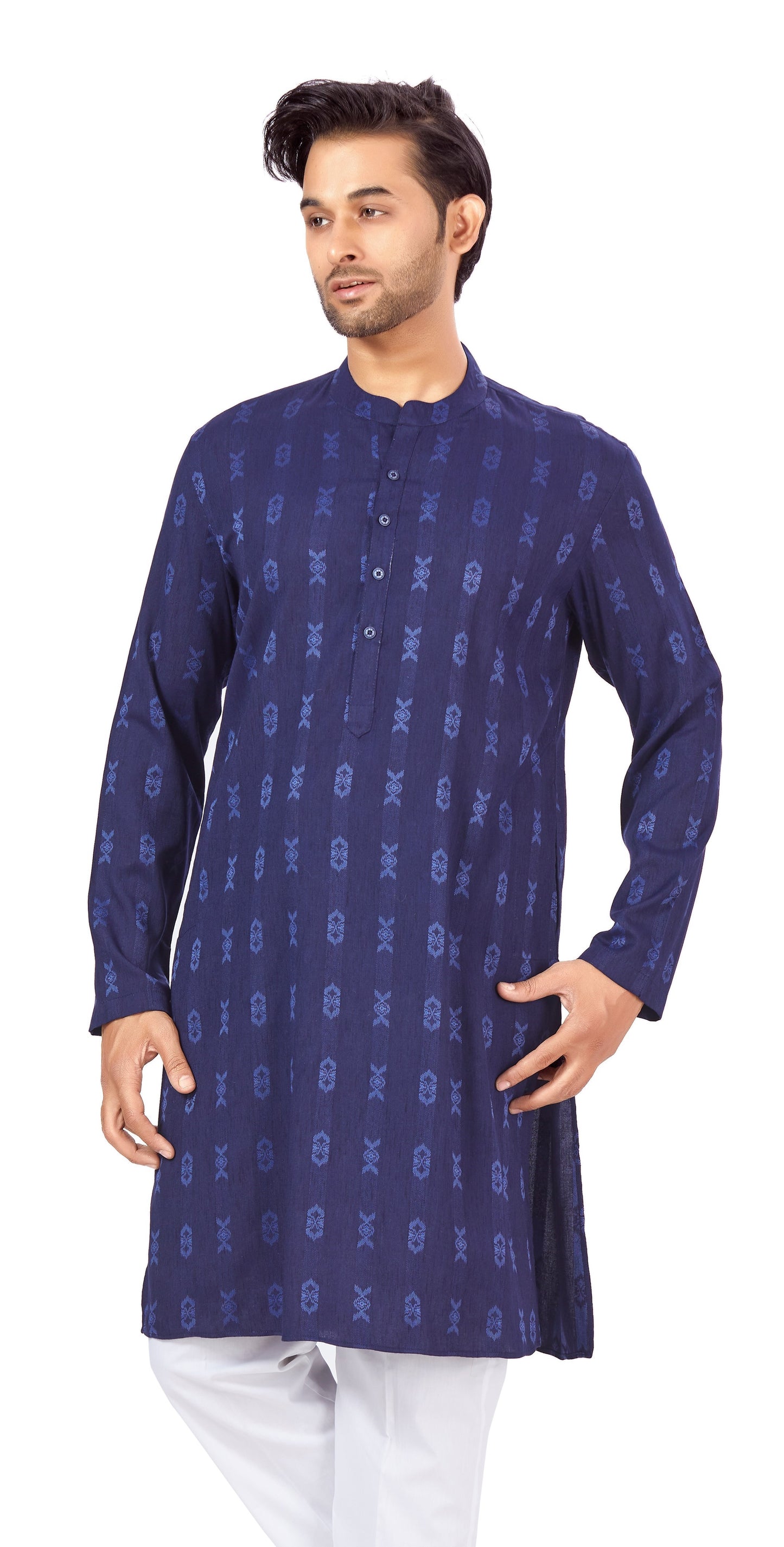 Men's Navy Blue Cotton Blend Relaxed Fit Ikat Printed Knee Length Kurta (Design 122)