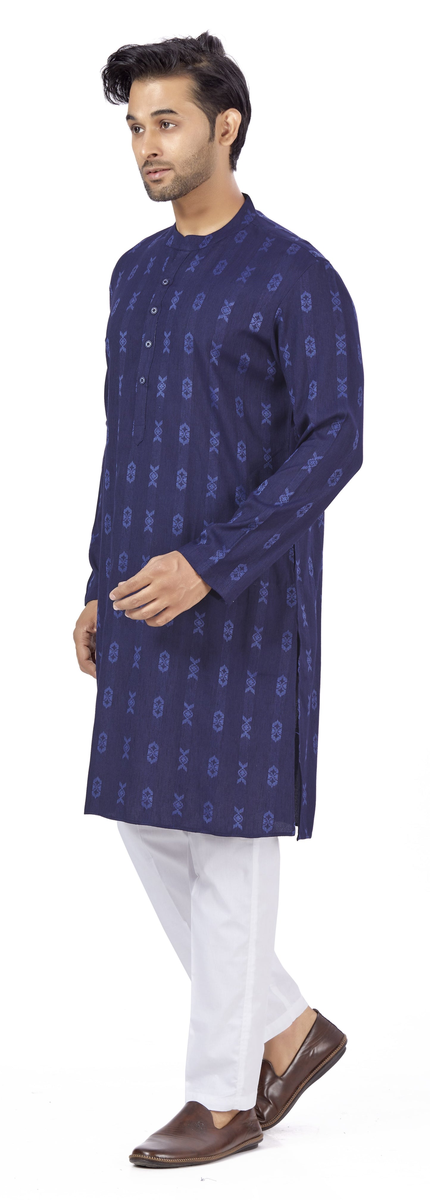 Men's Navy Blue Cotton Blend Relaxed Fit Ikat Printed Knee Length Kurta (Design 122)