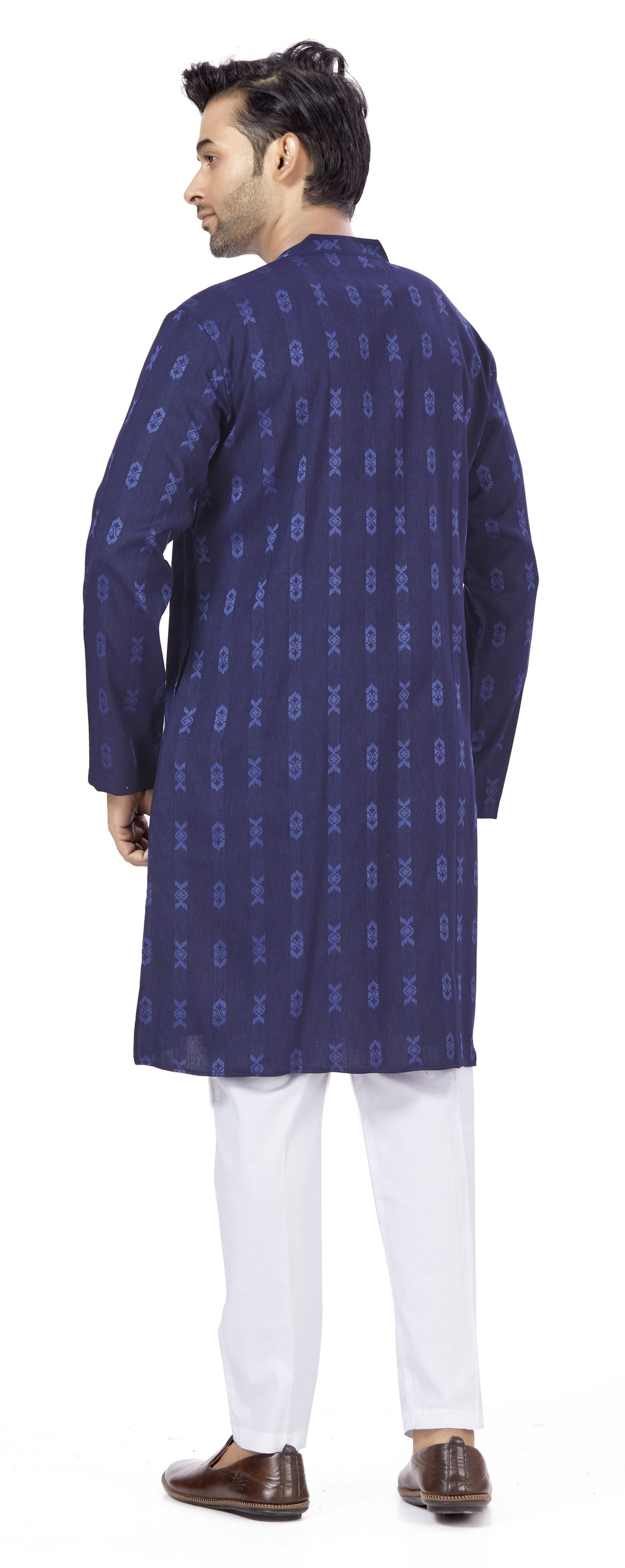 Men's Navy Blue Cotton Blend Relaxed Fit Ikat Printed Knee Length Kurta (Design 122)
