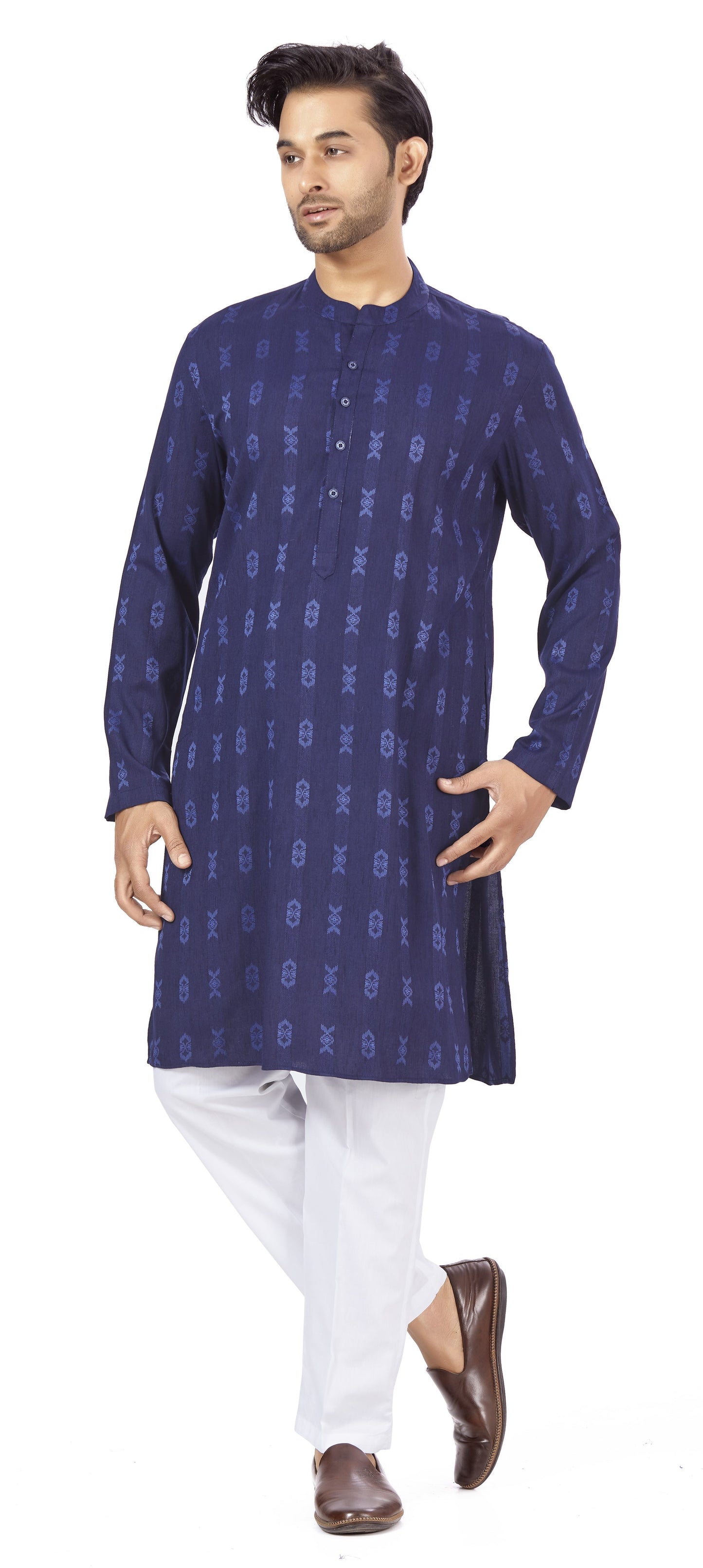 Men's Navy Blue Cotton Blend Relaxed Fit Ikat Printed Knee Length Kurta (Design 122)