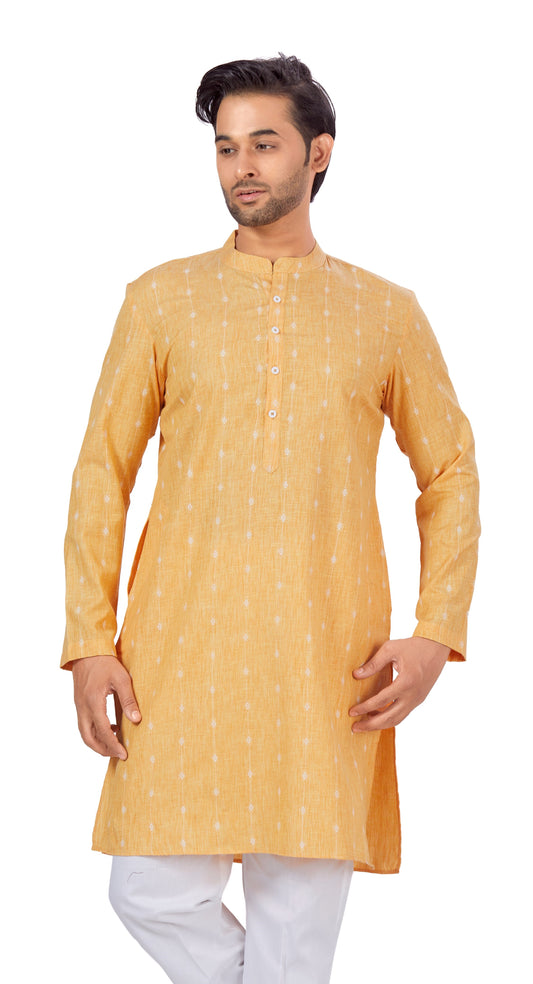 Men's Yellow Cotton Blend Relaxed Fit Ikat Printed Knee Length Kurta (Design 125)