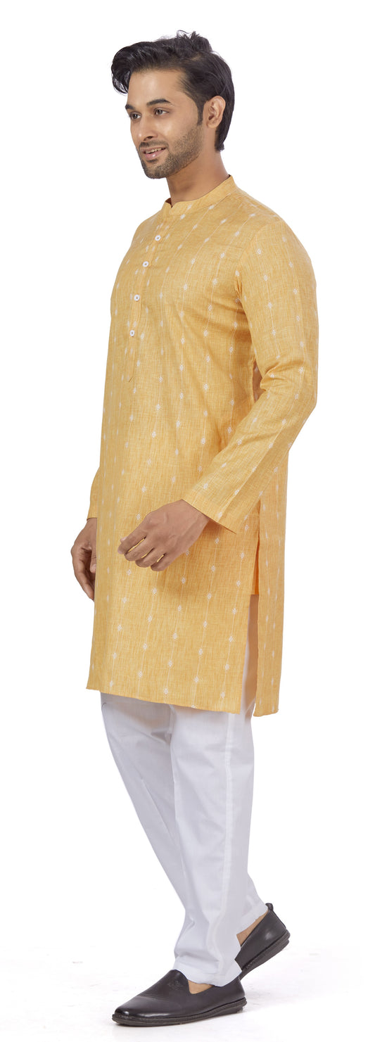 Men's Yellow Cotton Blend Relaxed Fit Ikat Printed Knee Length Kurta (Design 125)