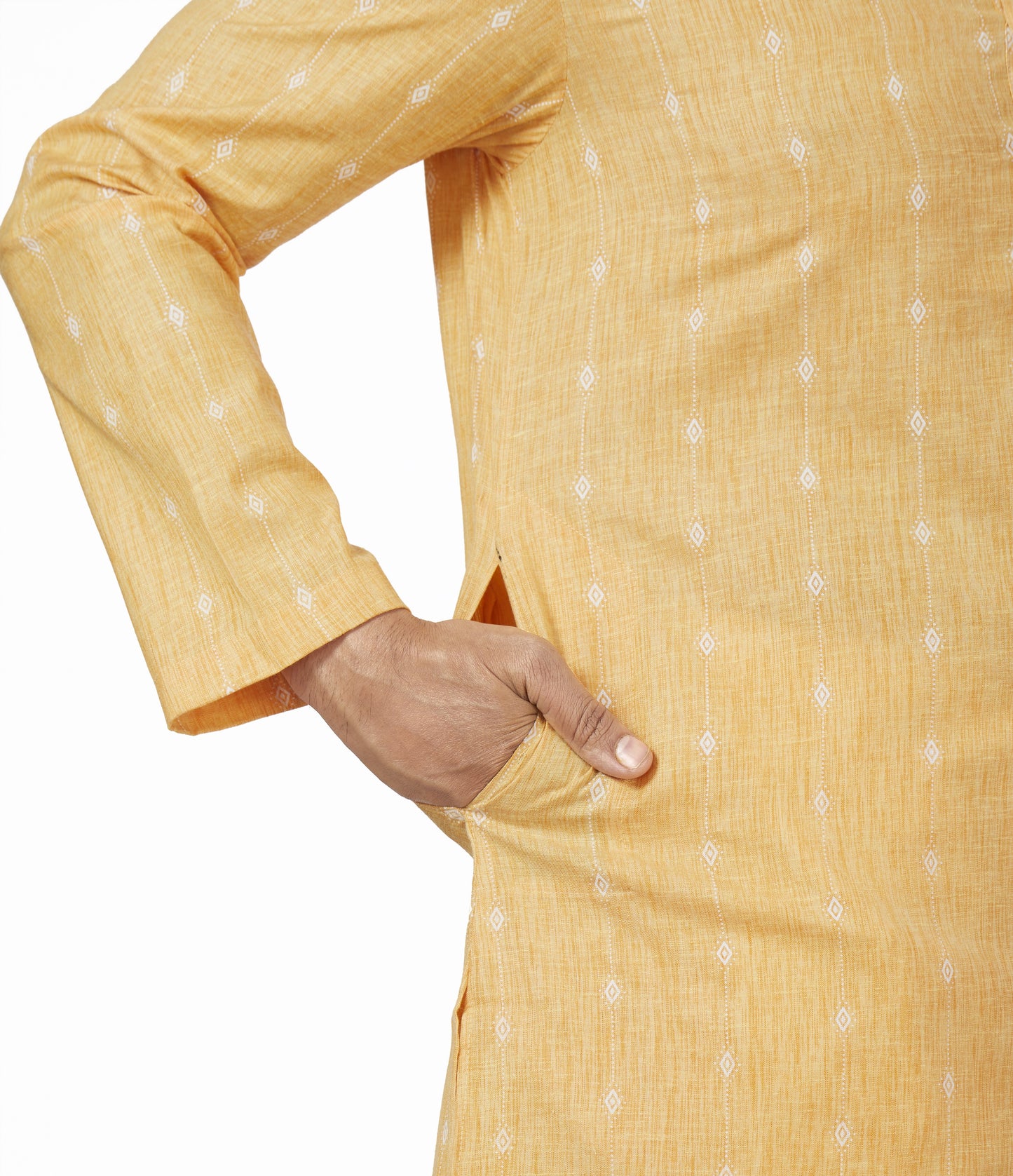 Men's Yellow Cotton Blend Relaxed Fit Ikat Printed Knee Length Kurta (Design 125)