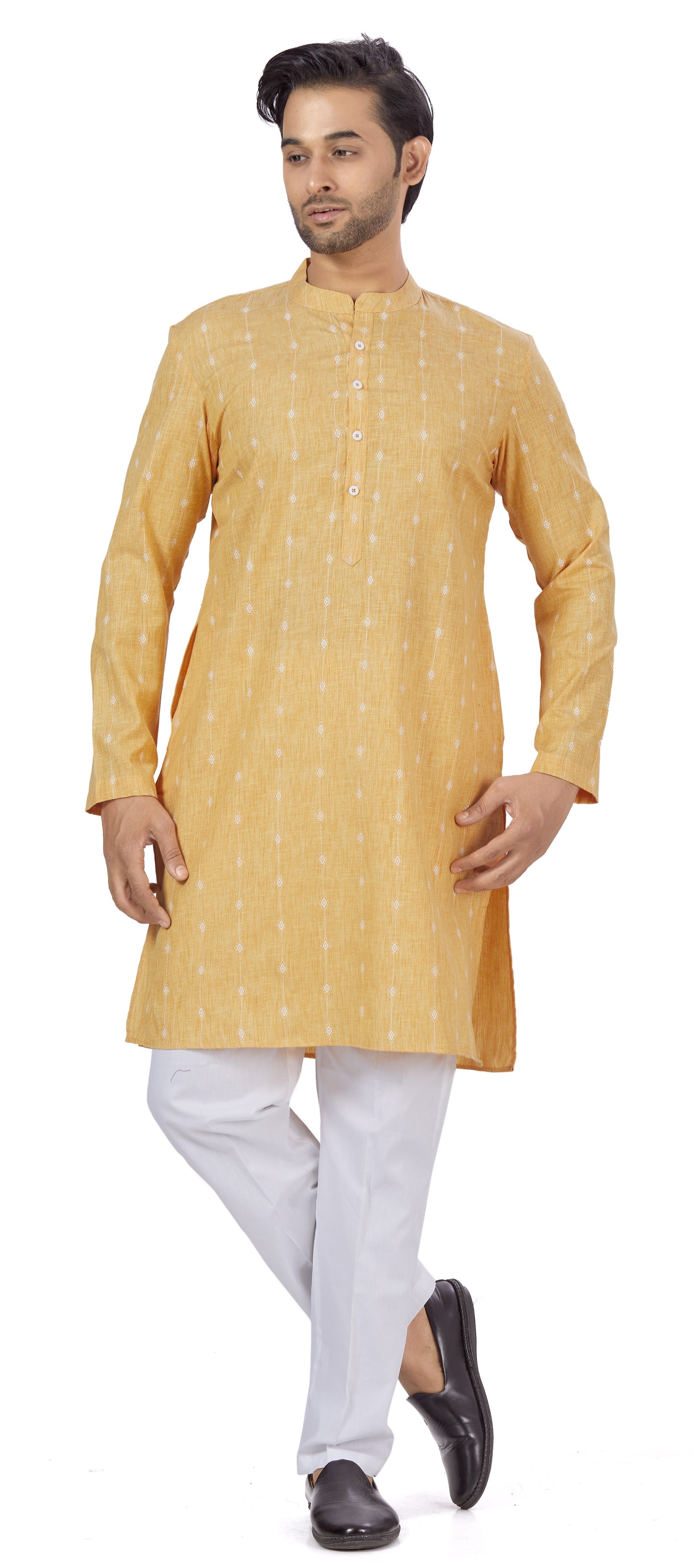 Men's Yellow Cotton Blend Relaxed Fit Ikat Printed Knee Length Kurta (Design 125)