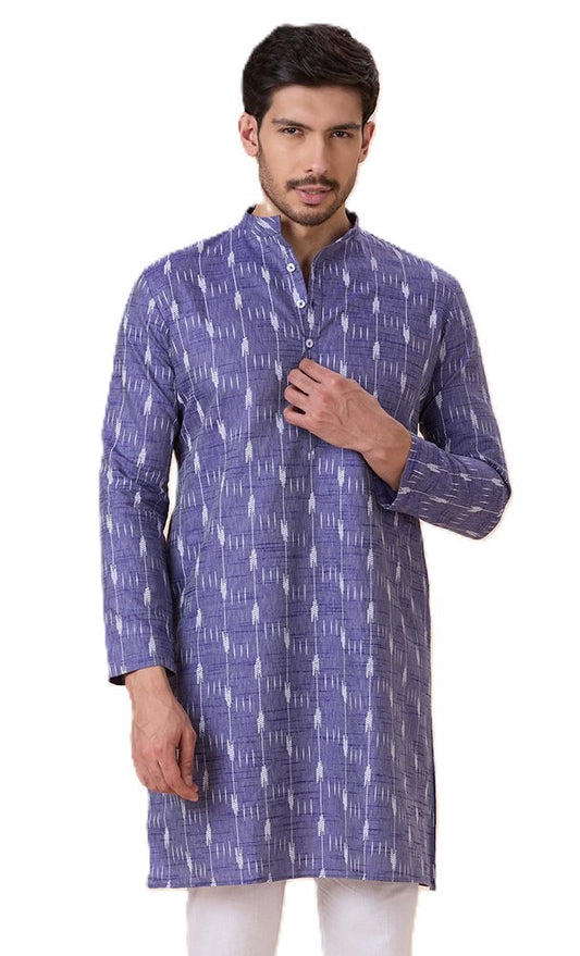 Men's Blue Cotton Blend Ikat Printed Knee Length Kurta (Design 128)