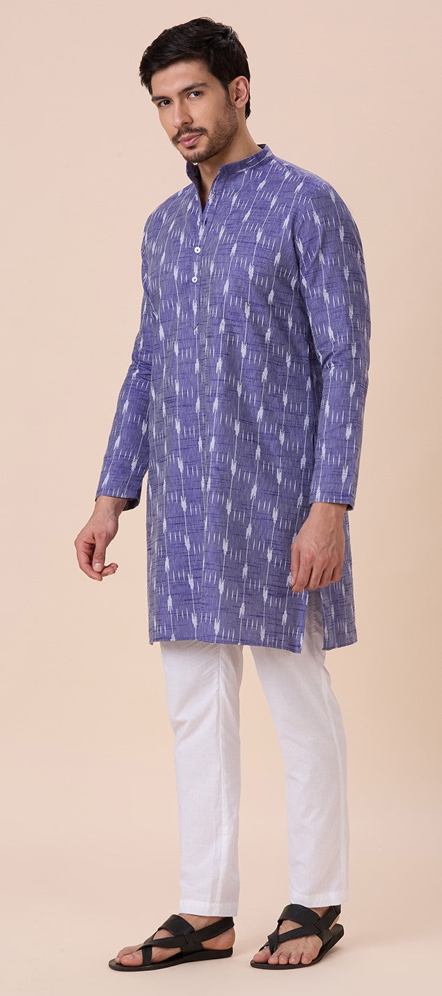 Men's Blue Cotton Blend Ikat Printed Knee Length Kurta (Design 128)