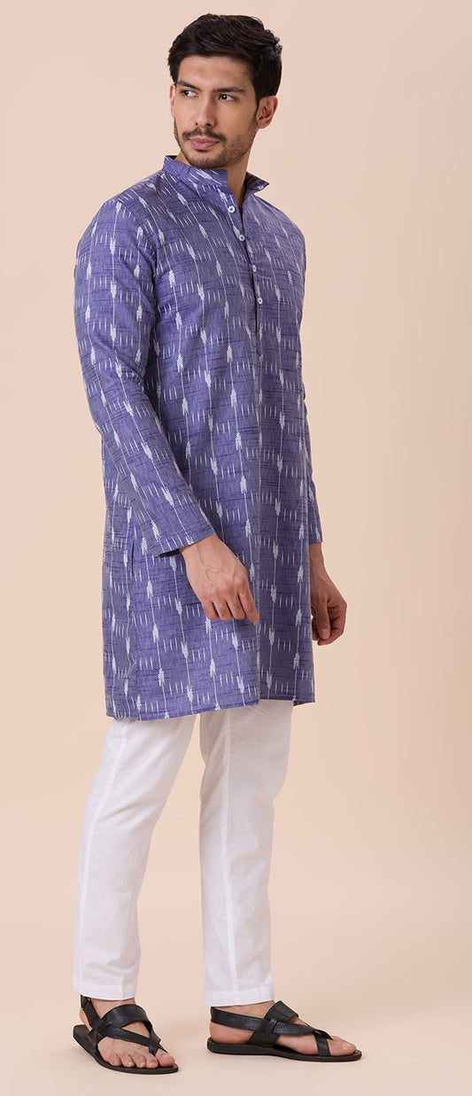Men's Blue Cotton Blend Ikat Printed Knee Length Kurta (Design 128)