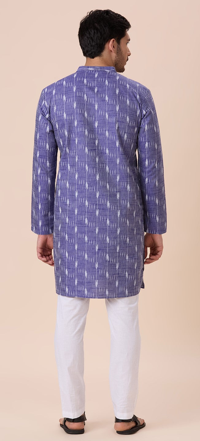 Men's Blue Cotton Blend Ikat Printed Knee Length Kurta (Design 128)