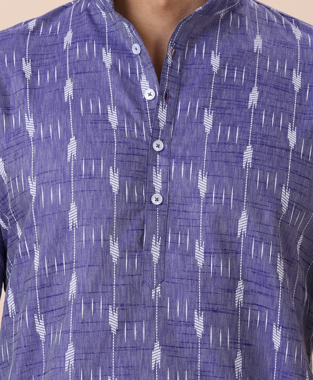 Men's Blue Cotton Blend Ikat Printed Knee Length Kurta (Design 128)