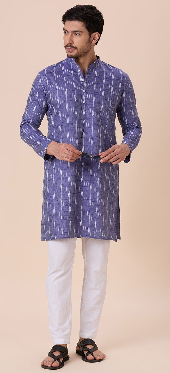 Men's Blue Cotton Blend Ikat Printed Knee Length Kurta (Design 128)