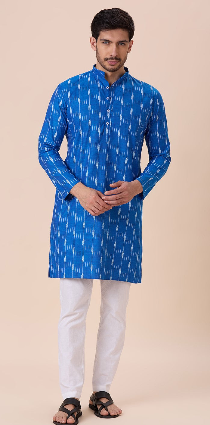 Men's Firozi Cotton Blend Ikat Printed Knee Length Kurta (Design 128)