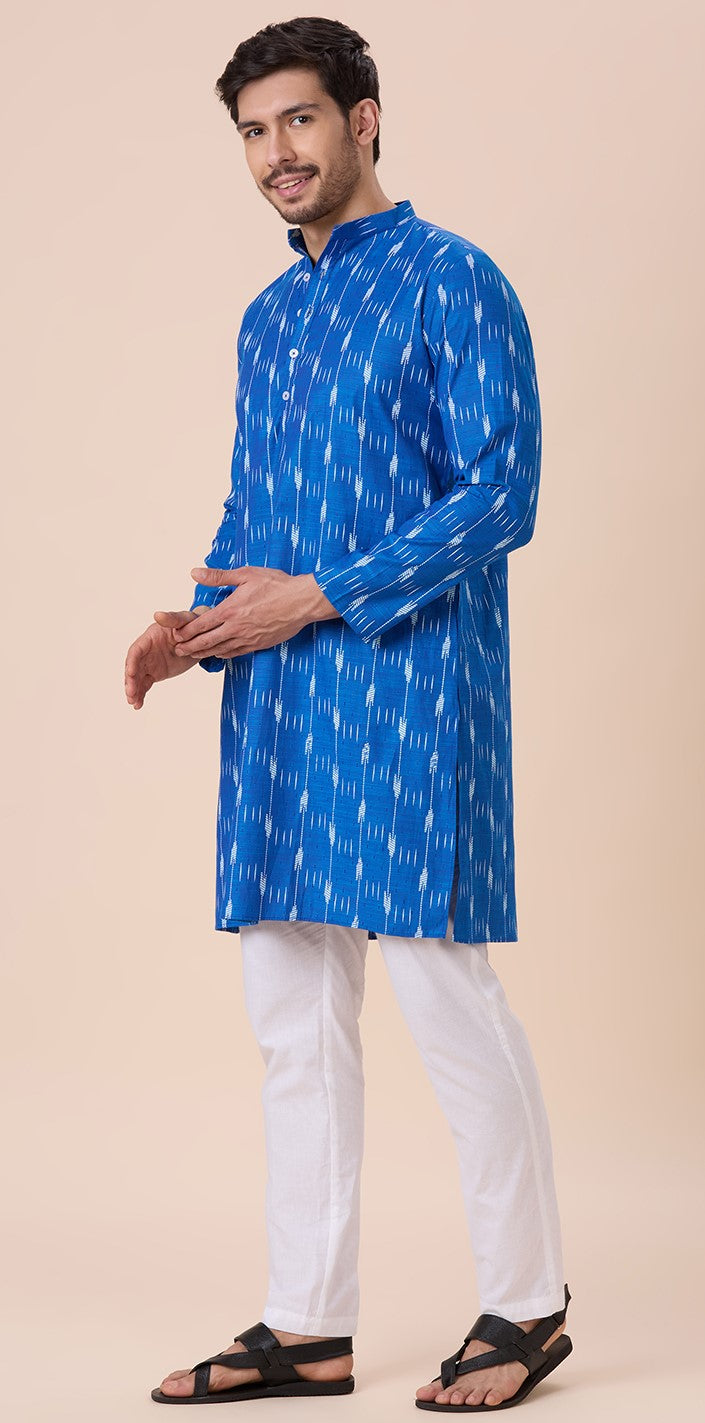 Men's Firozi Cotton Blend Ikat Printed Knee Length Kurta (Design 128)