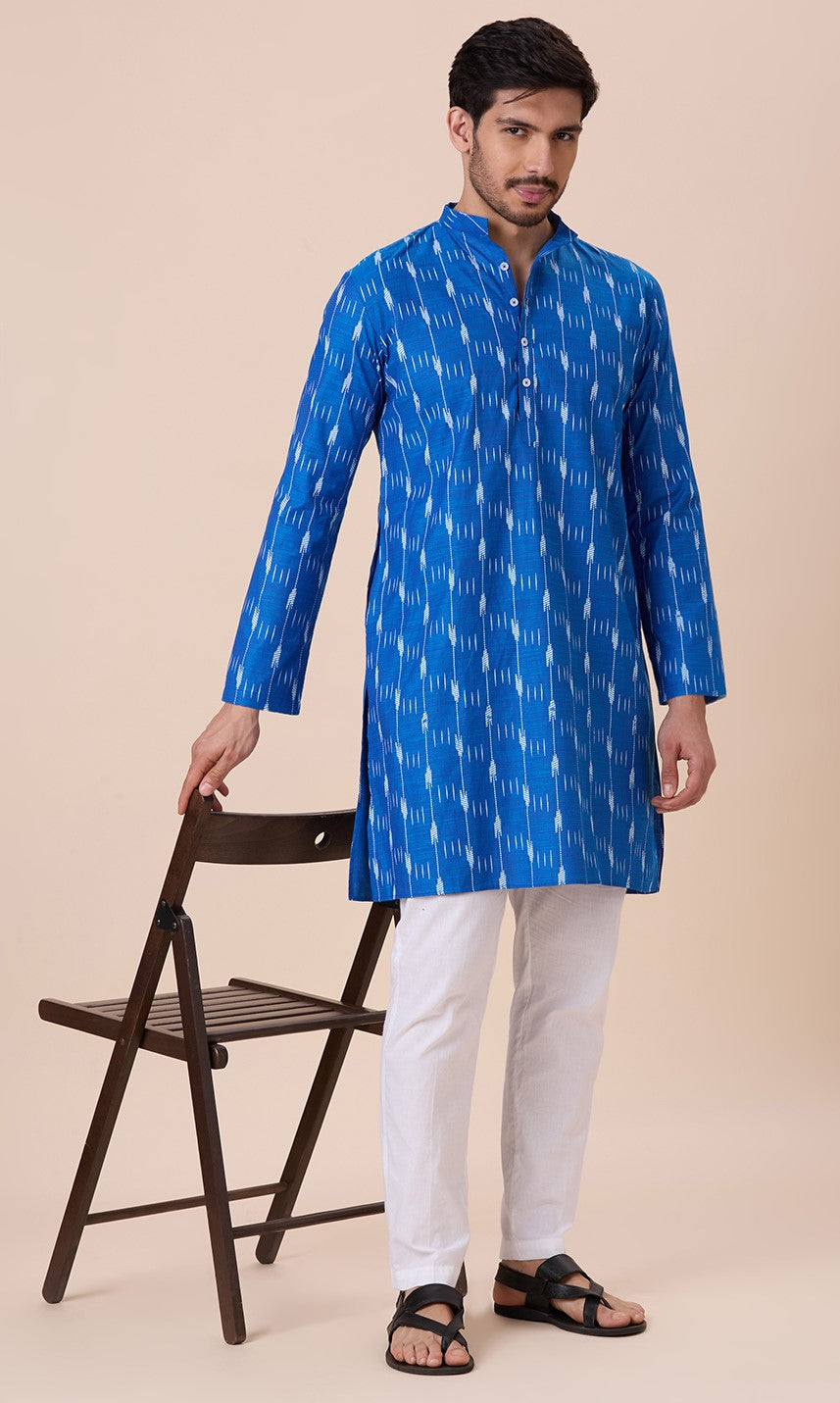Men's Firozi Cotton Blend Ikat Printed Knee Length Kurta (Design 128)
