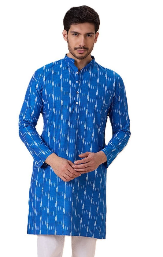 Men's Firozi Cotton Blend Ikat Printed Knee Length Kurta (Design 128)
