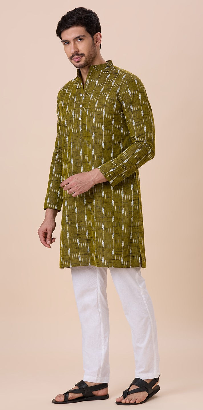 Men's Mehndi Cotton Blend Ikat Printed Knee Length Kurta (Design 128)