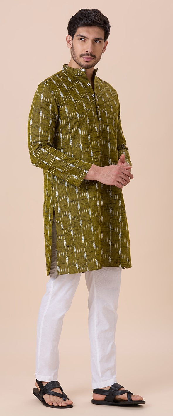 Men's Mehndi Cotton Blend Ikat Printed Knee Length Kurta (Design 128)