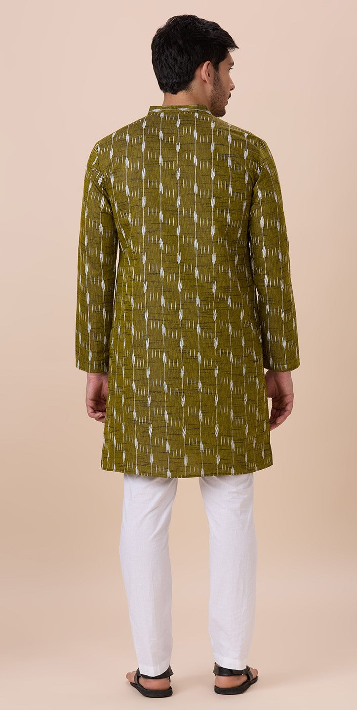Men's Mehndi Cotton Blend Ikat Printed Knee Length Kurta (Design 128)