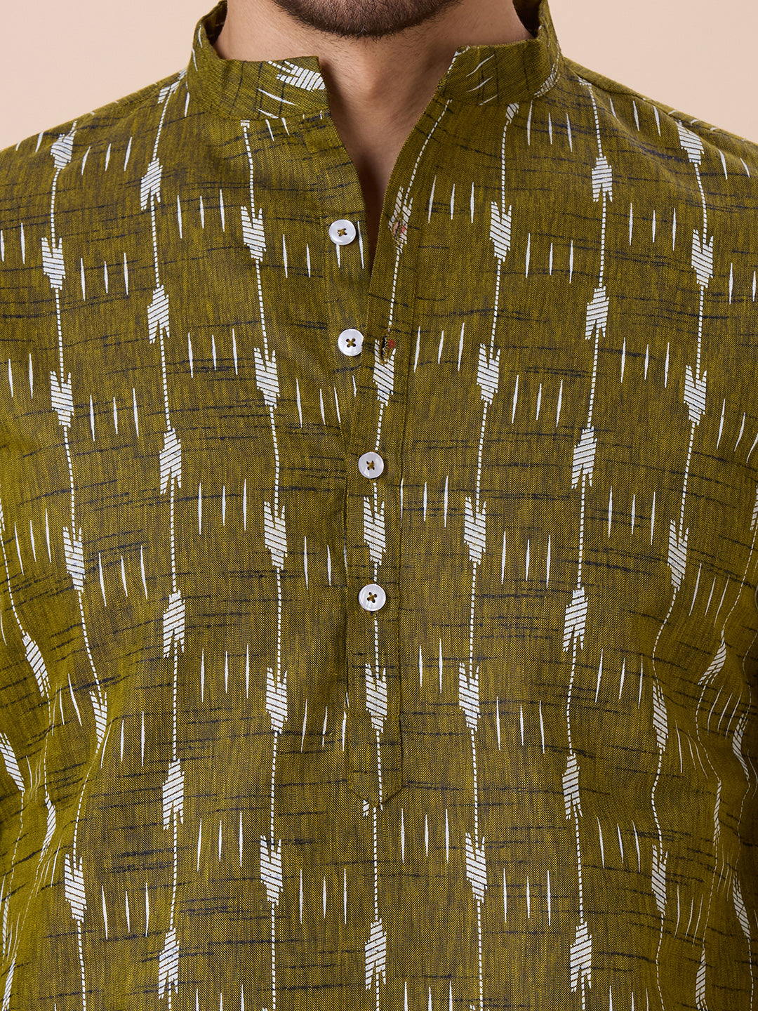 Men's Mehndi Cotton Blend Ikat Printed Knee Length Kurta (Design 128)