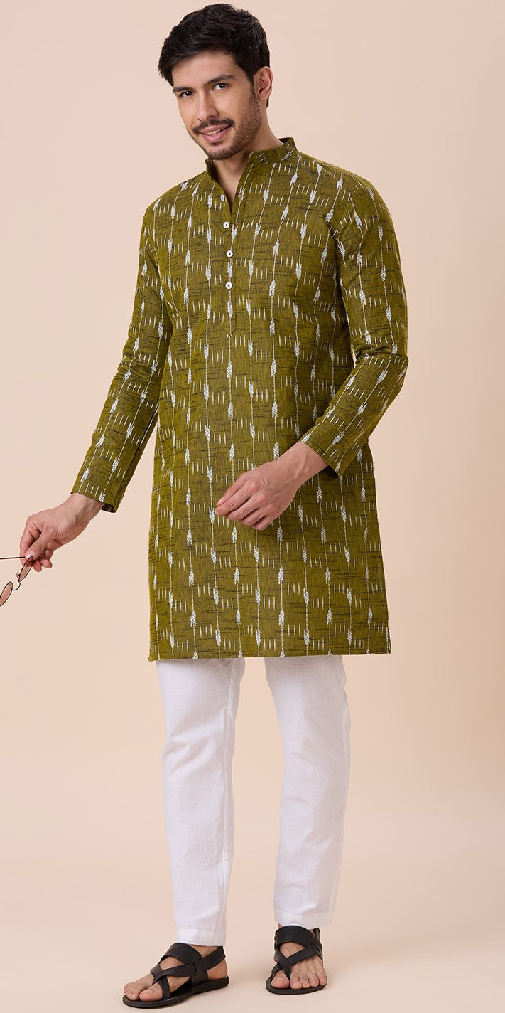 Men's Mehndi Cotton Blend Ikat Printed Knee Length Kurta (Design 128)