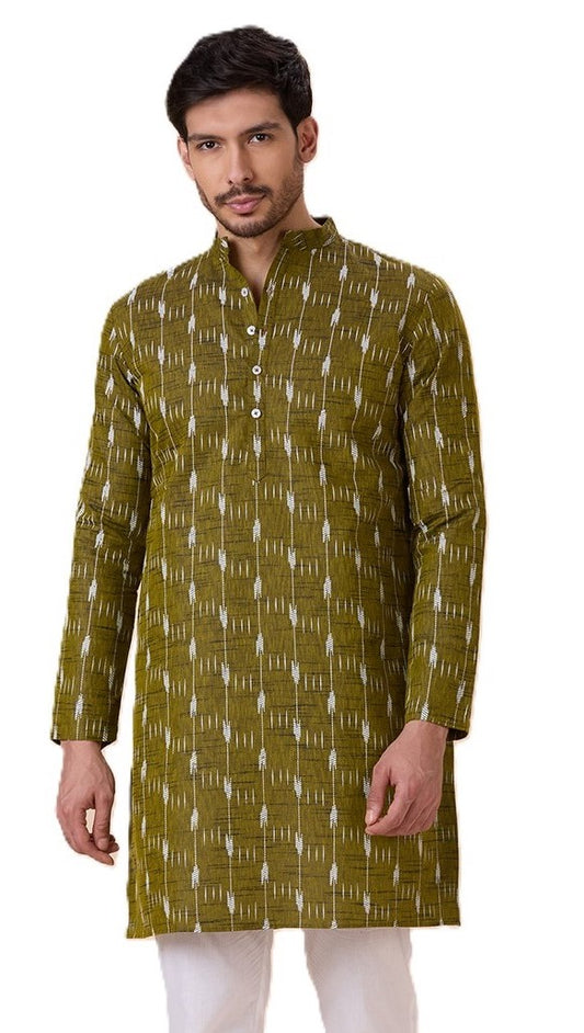 Men's Mehndi Cotton Blend Ikat Printed Knee Length Kurta (Design 128)