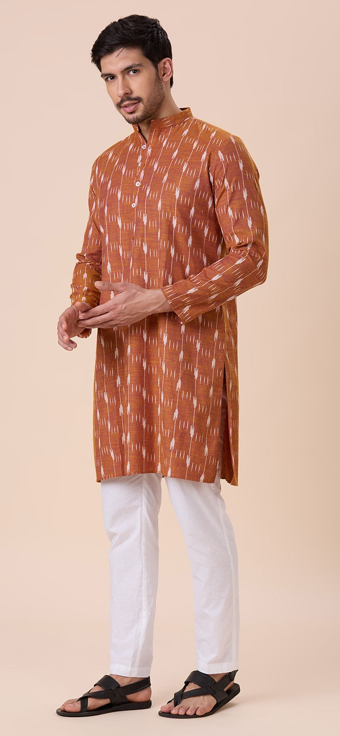 Men's Mustard Cotton Blend Ikat Printed Knee Length Kurta (Design 128)