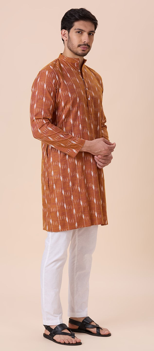 Men's Mustard Cotton Blend Ikat Printed Knee Length Kurta (Design 128)