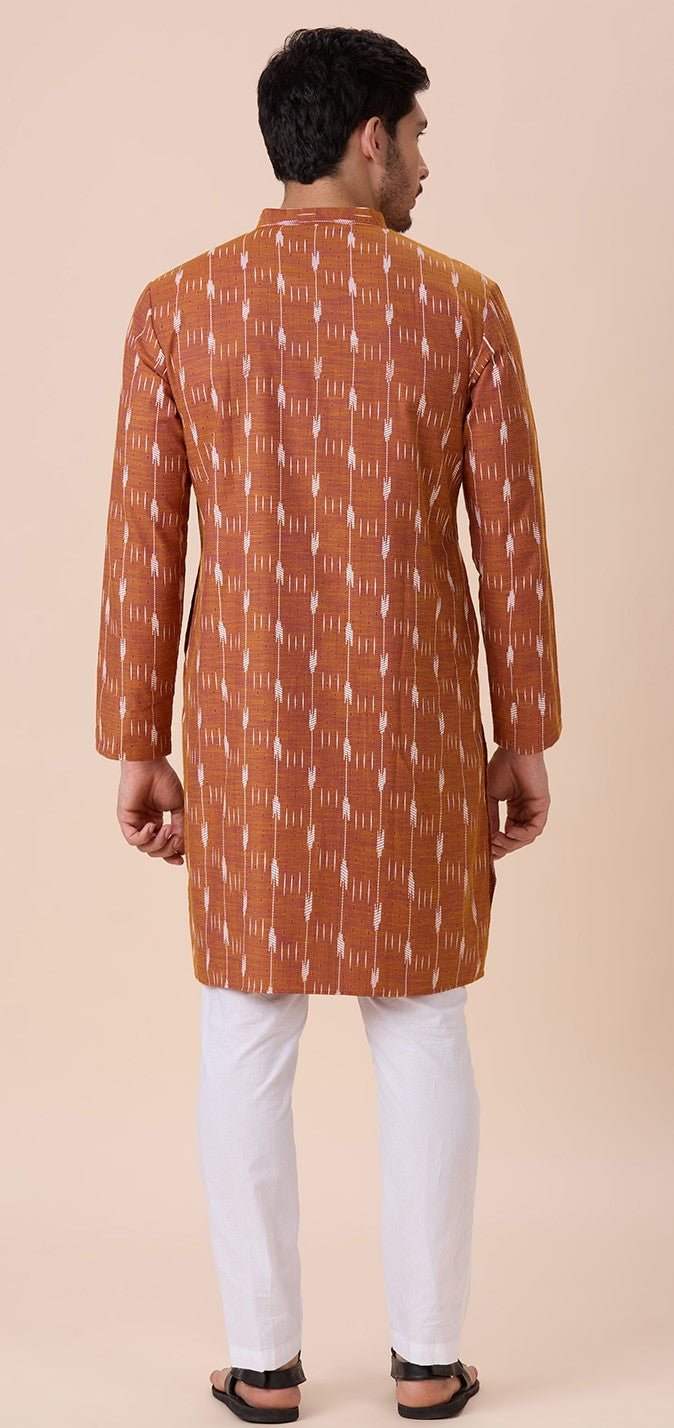 Men's Mustard Cotton Blend Ikat Printed Knee Length Kurta (Design 128)