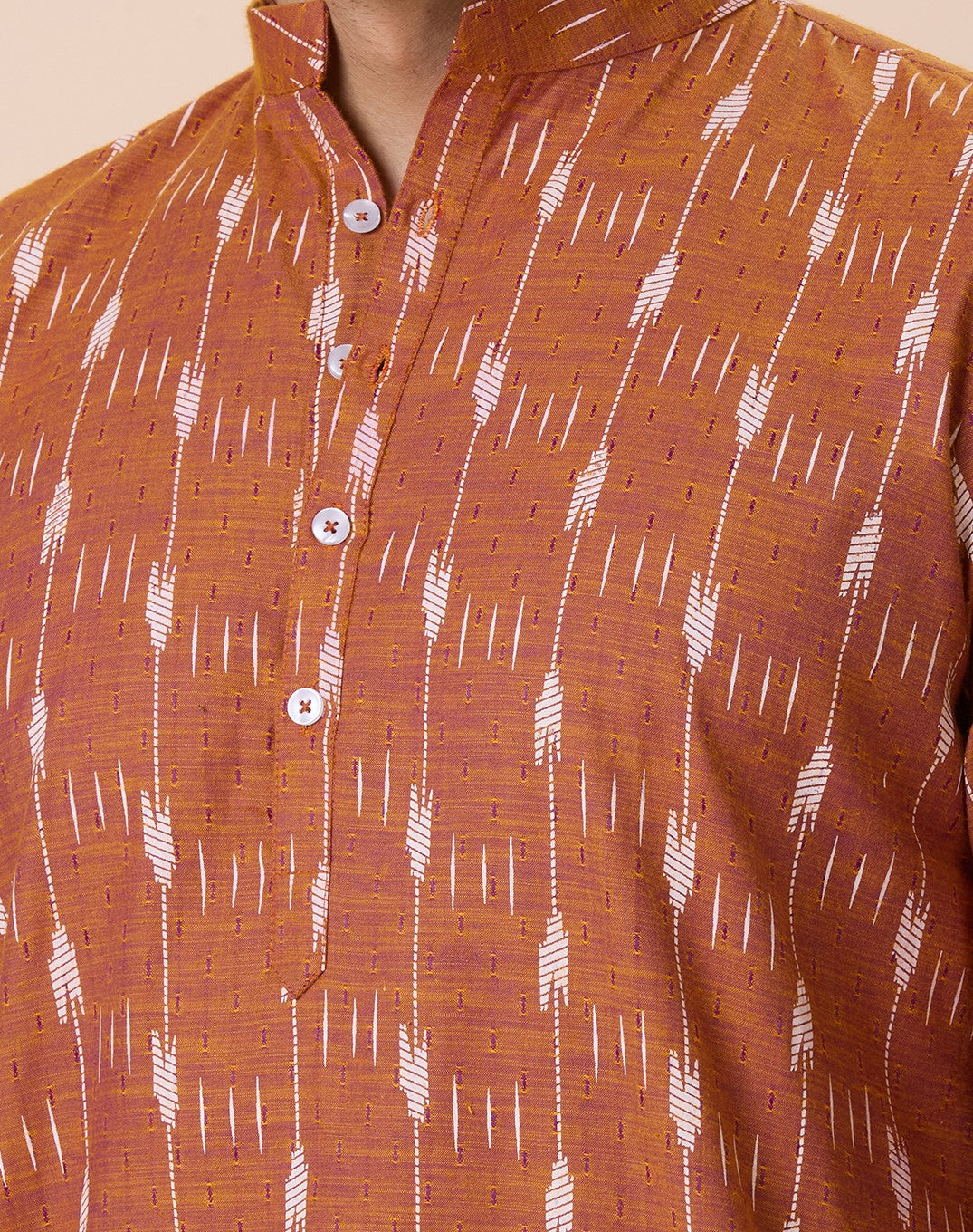 Men's Mustard Cotton Blend Ikat Printed Knee Length Kurta (Design 128)