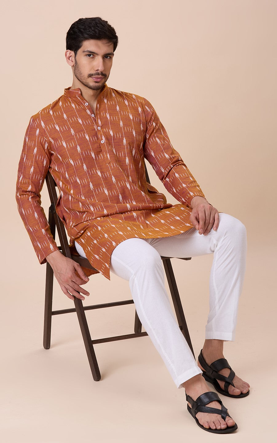 Men's Mustard Cotton Blend Ikat Printed Knee Length Kurta (Design 128)