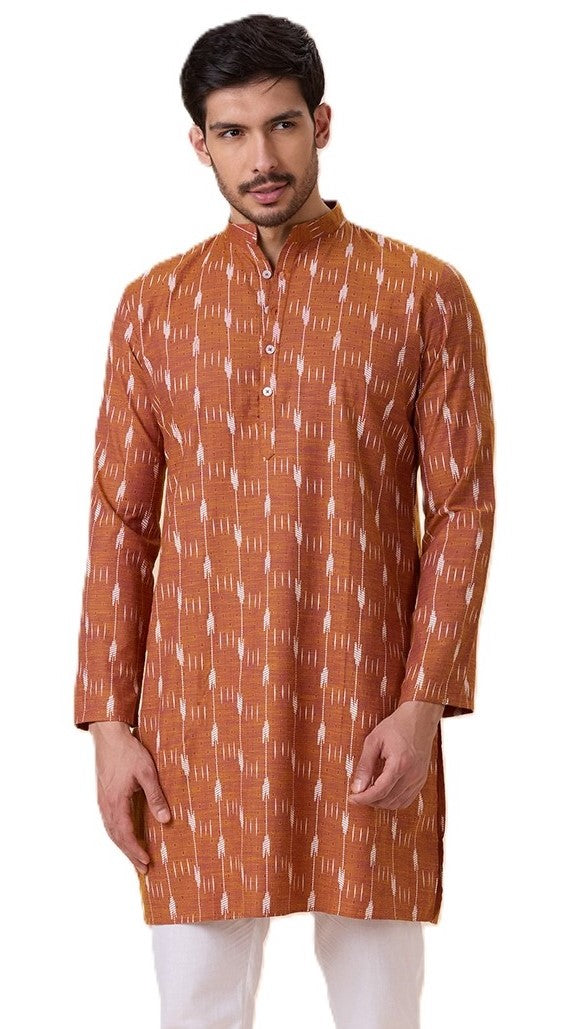 Men's Mustard Cotton Blend Ikat Printed Knee Length Kurta (Design 128)