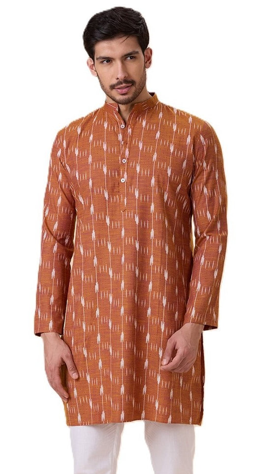 Men's Mustard Cotton Blend Ikat Printed Knee Length Kurta (Design 128)