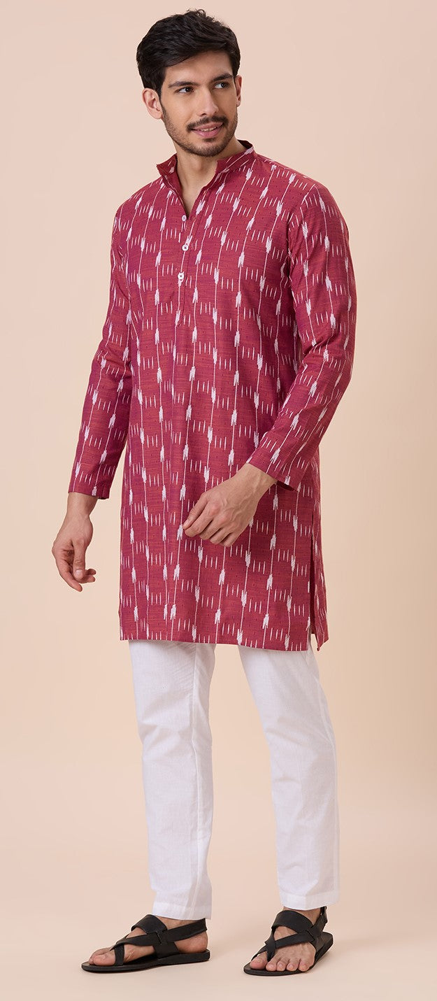 Men's Purple Orange Cotton Blend Ikat Printed Knee Length Kurta (Design 128)