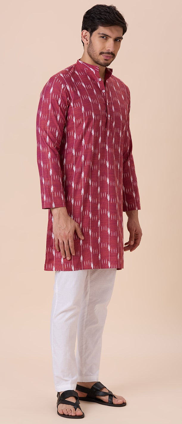 Men's Purple Orange Cotton Blend Ikat Printed Knee Length Kurta (Design 128)
