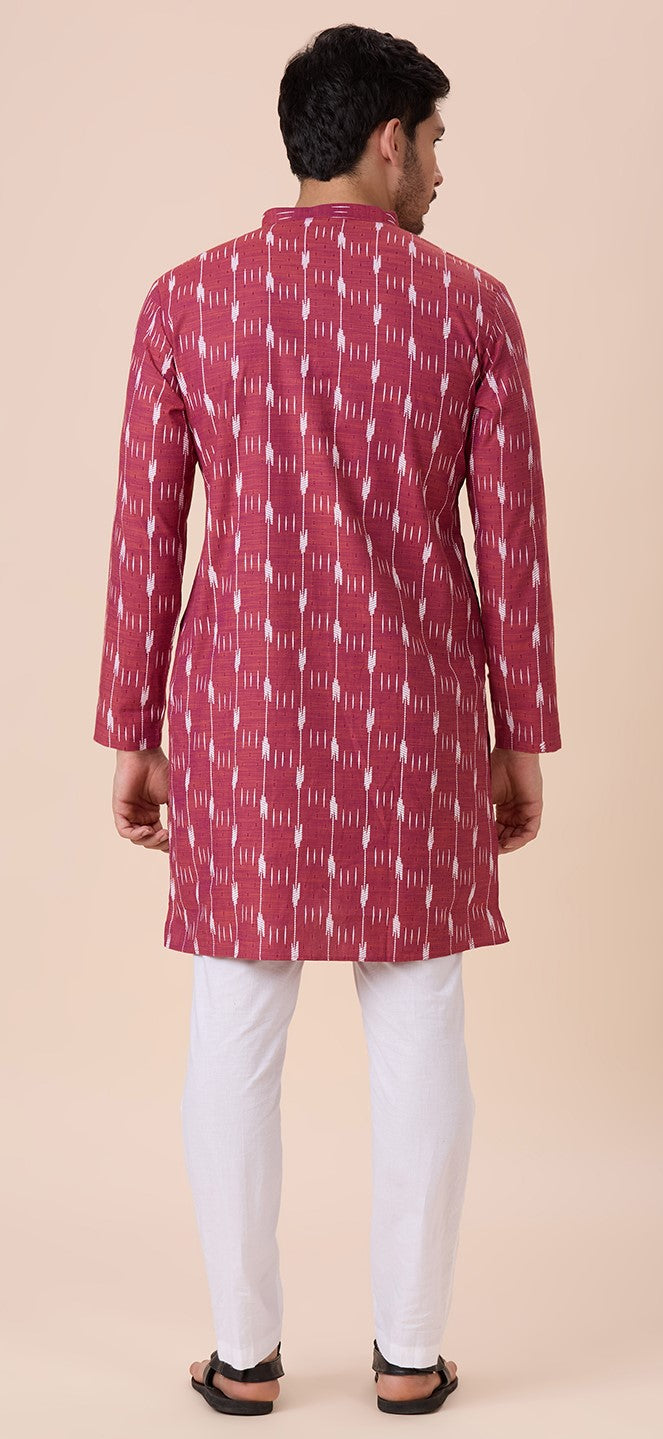 Men's Purple Orange Cotton Blend Ikat Printed Knee Length Kurta (Design 128)