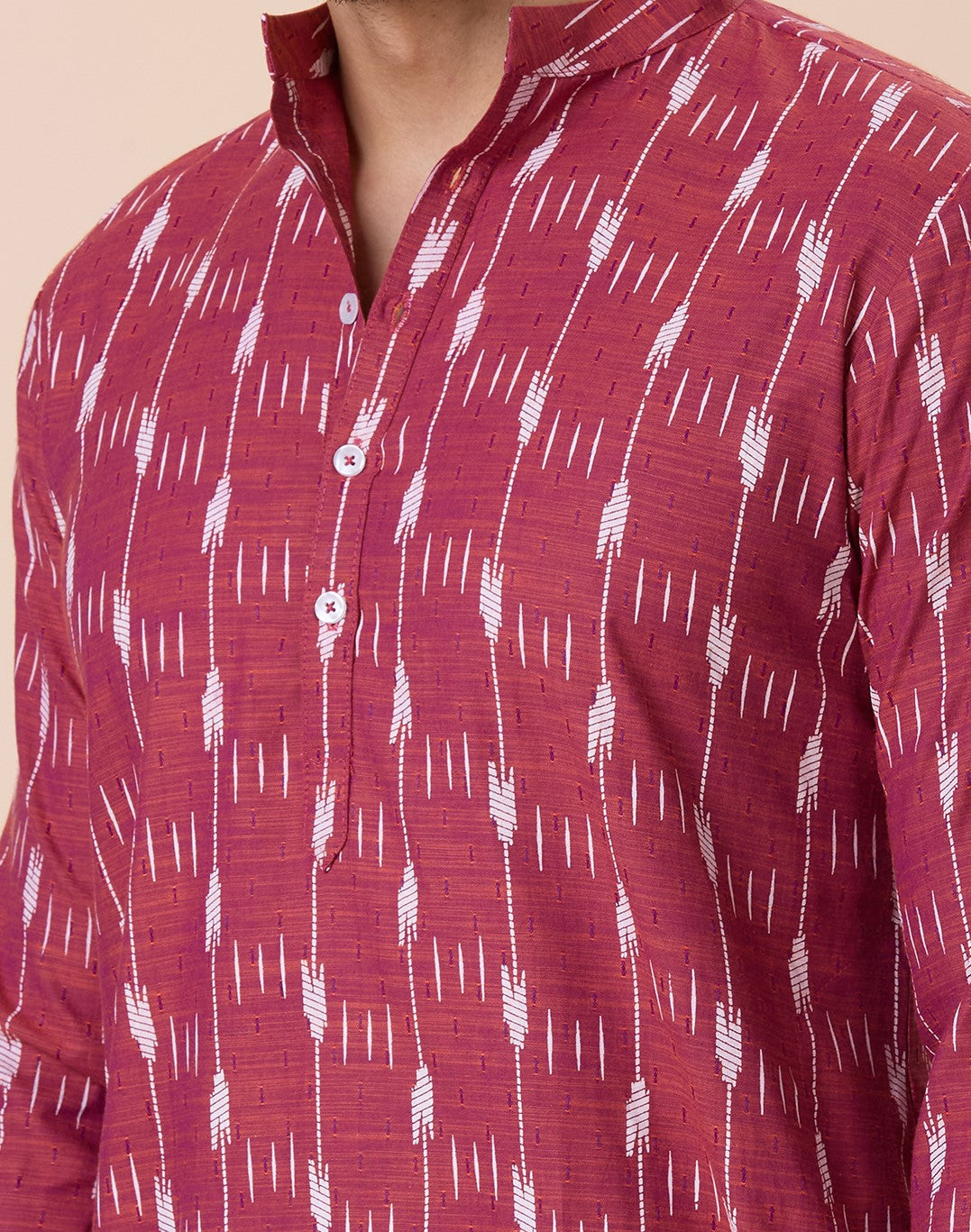 Men's Purple Orange Cotton Blend Ikat Printed Knee Length Kurta (Design 128)