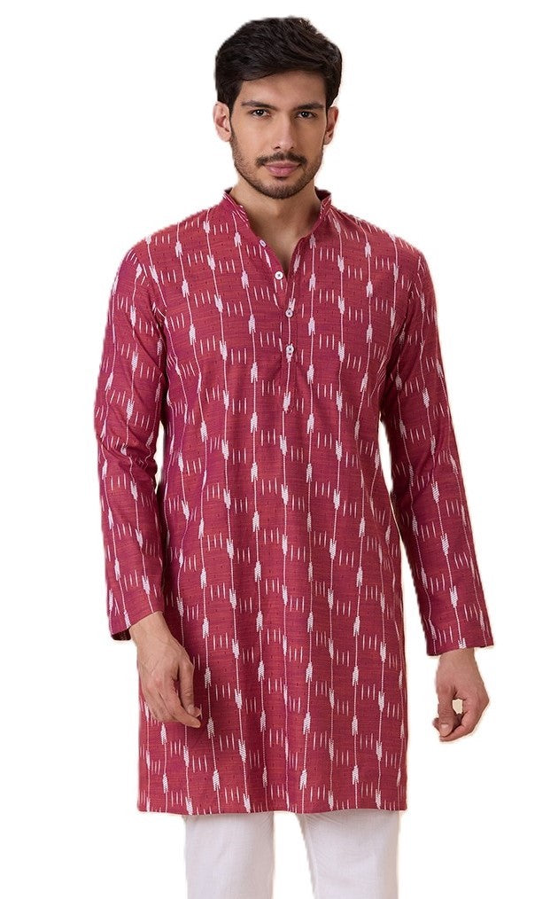 Men's Purple Orange Cotton Blend Ikat Printed Knee Length Kurta (Design 128)