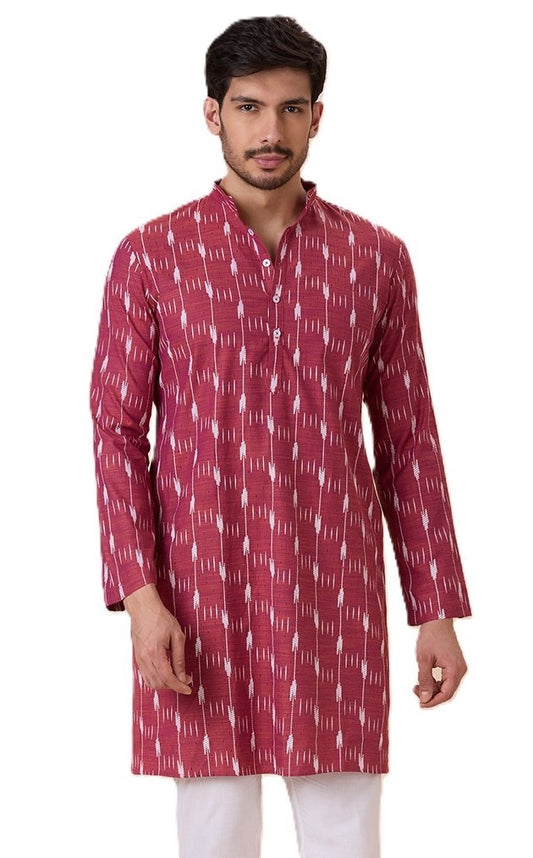 Men's Purple Orange Cotton Blend Ikat Printed Knee Length Kurta (Design 128)