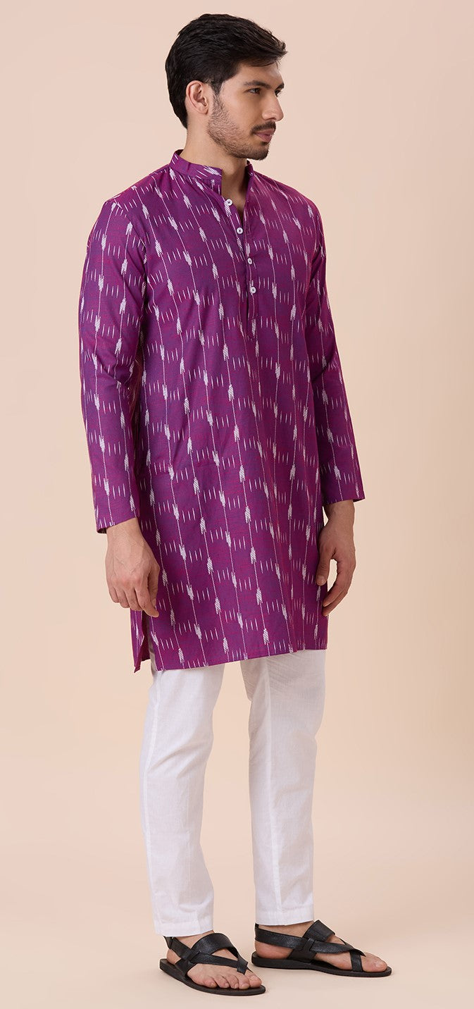 Men's Purple Cotton Blend Ikat Printed Knee Length Kurta (Design 128)