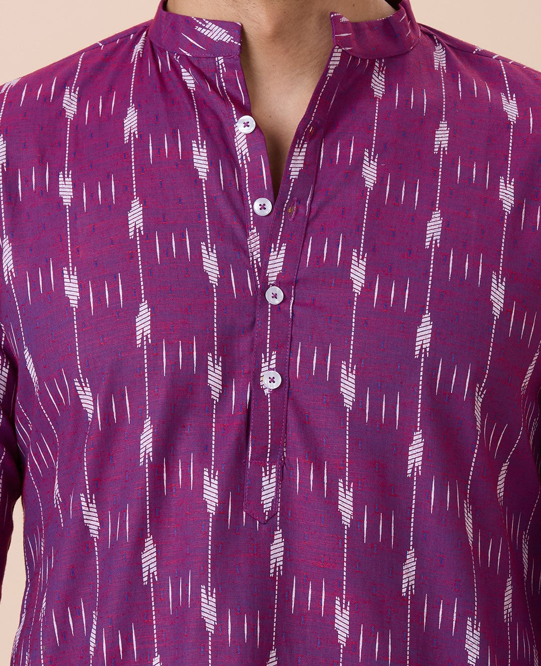 Men's Purple Cotton Blend Ikat Printed Knee Length Kurta (Design 128)
