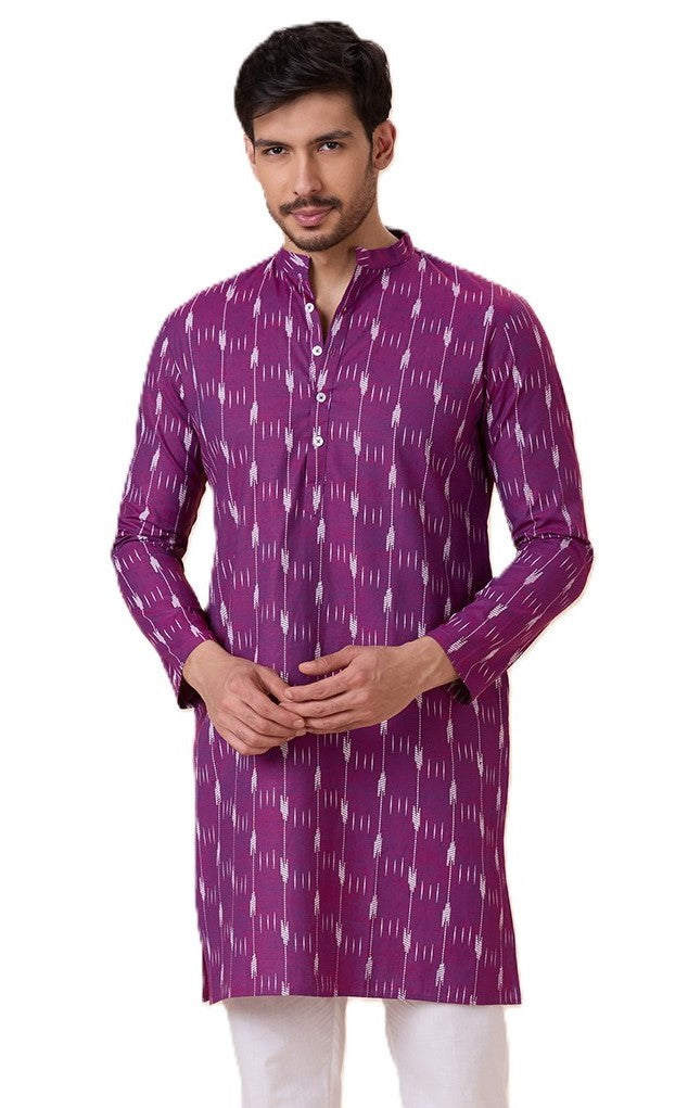 Men's Purple Cotton Blend Ikat Printed Knee Length Kurta (Design 128)