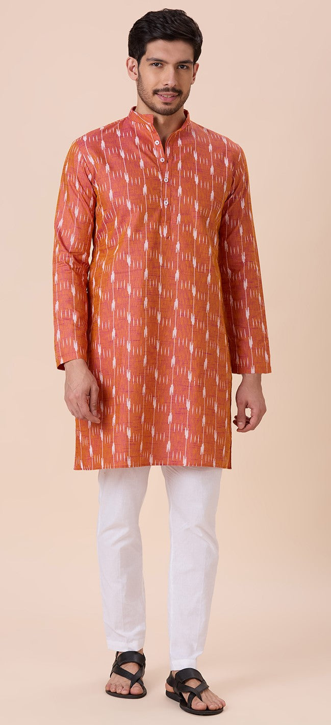 Men's Orange Rani Cotton Blend Ikat Printed Knee Length Kurta (Design 128)