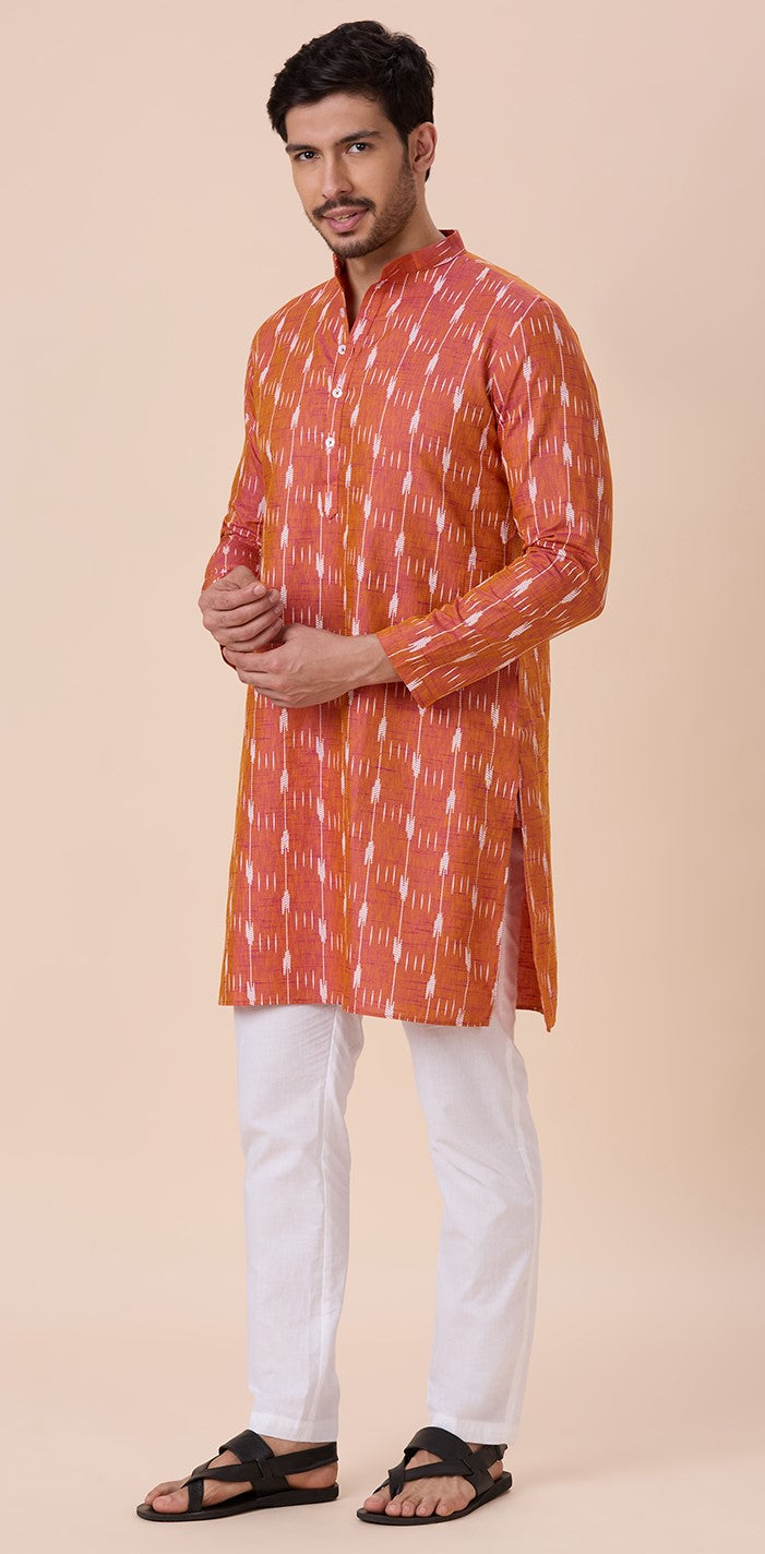 Men's Orange Rani Cotton Blend Ikat Printed Knee Length Kurta (Design 128)