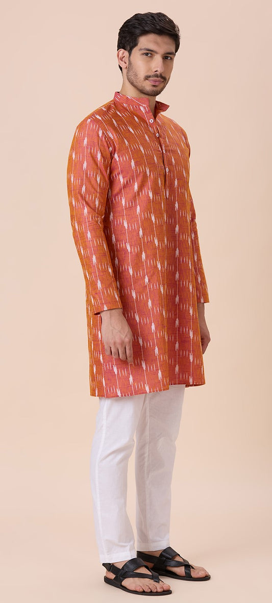 Men's Orange Rani Cotton Blend Ikat Printed Knee Length Kurta (Design 128)