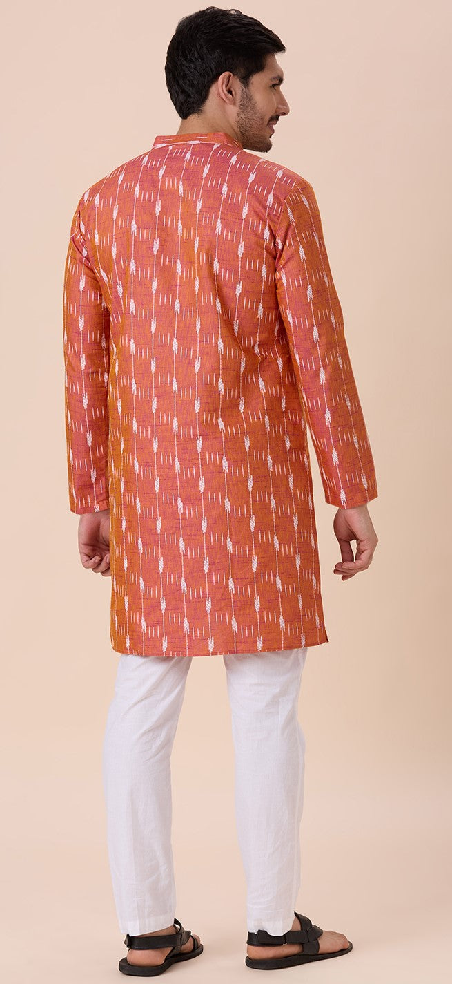 Men's Orange Rani Cotton Blend Ikat Printed Knee Length Kurta (Design 128)