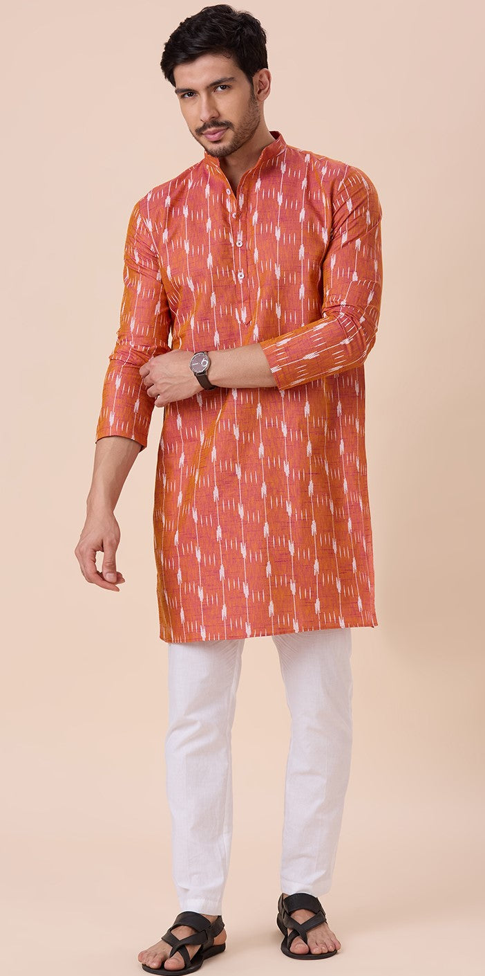 Men's Orange Rani Cotton Blend Ikat Printed Knee Length Kurta (Design 128)