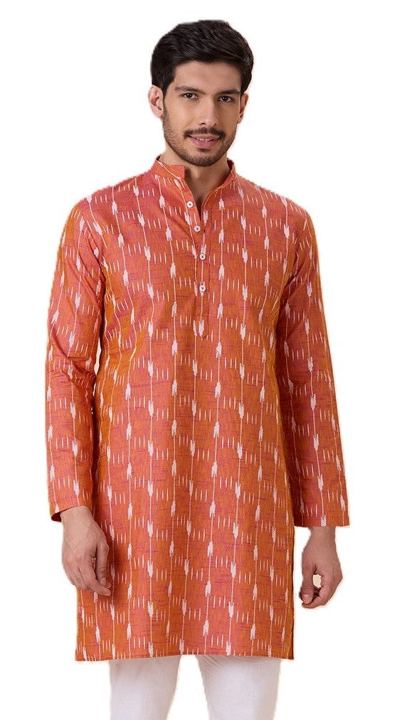 Men's Orange Rani Cotton Blend Ikat Printed Knee Length Kurta (Design 128)