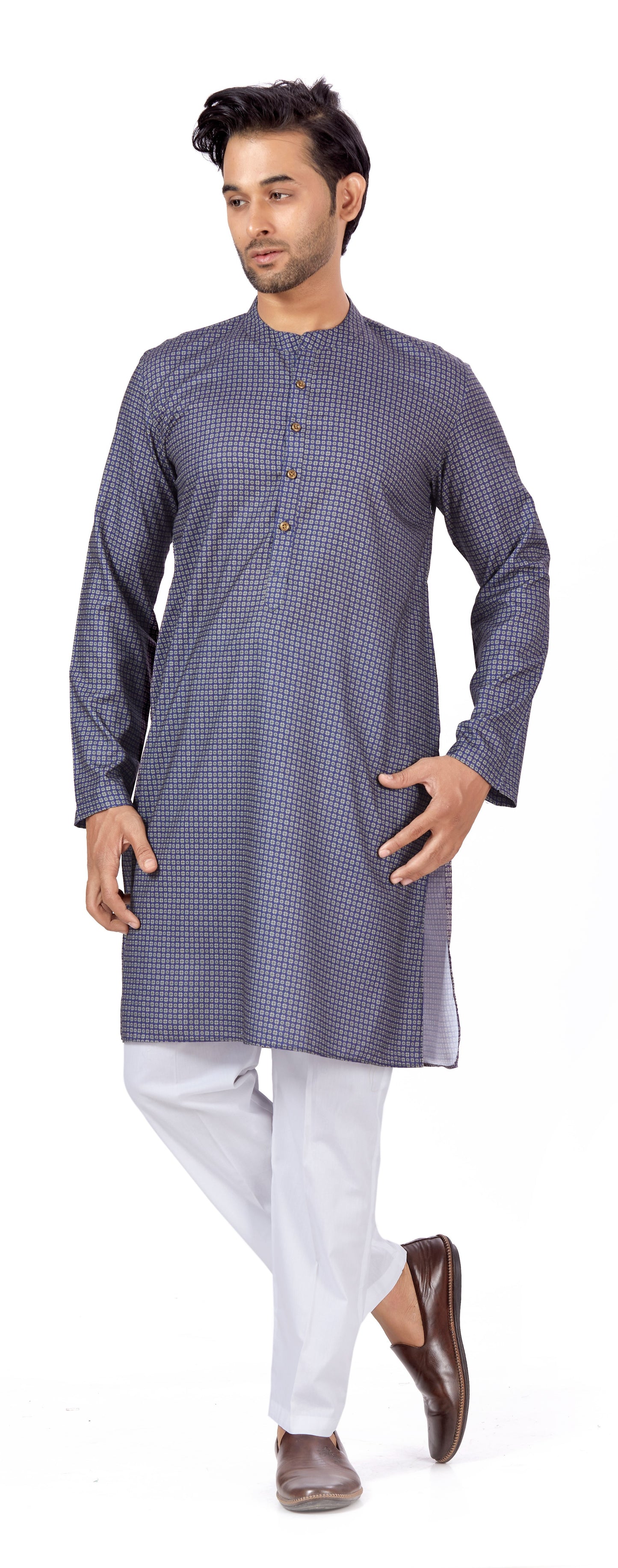 Men's Navy Blue Cotton Blended Relaxed Fit Printed Knee Length Kurta (Design 129)